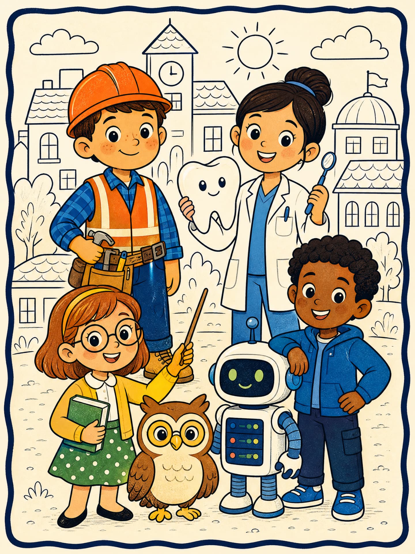 A coloring-book page of a builder, a dentist, a teacher, a robot and a child in a town square
