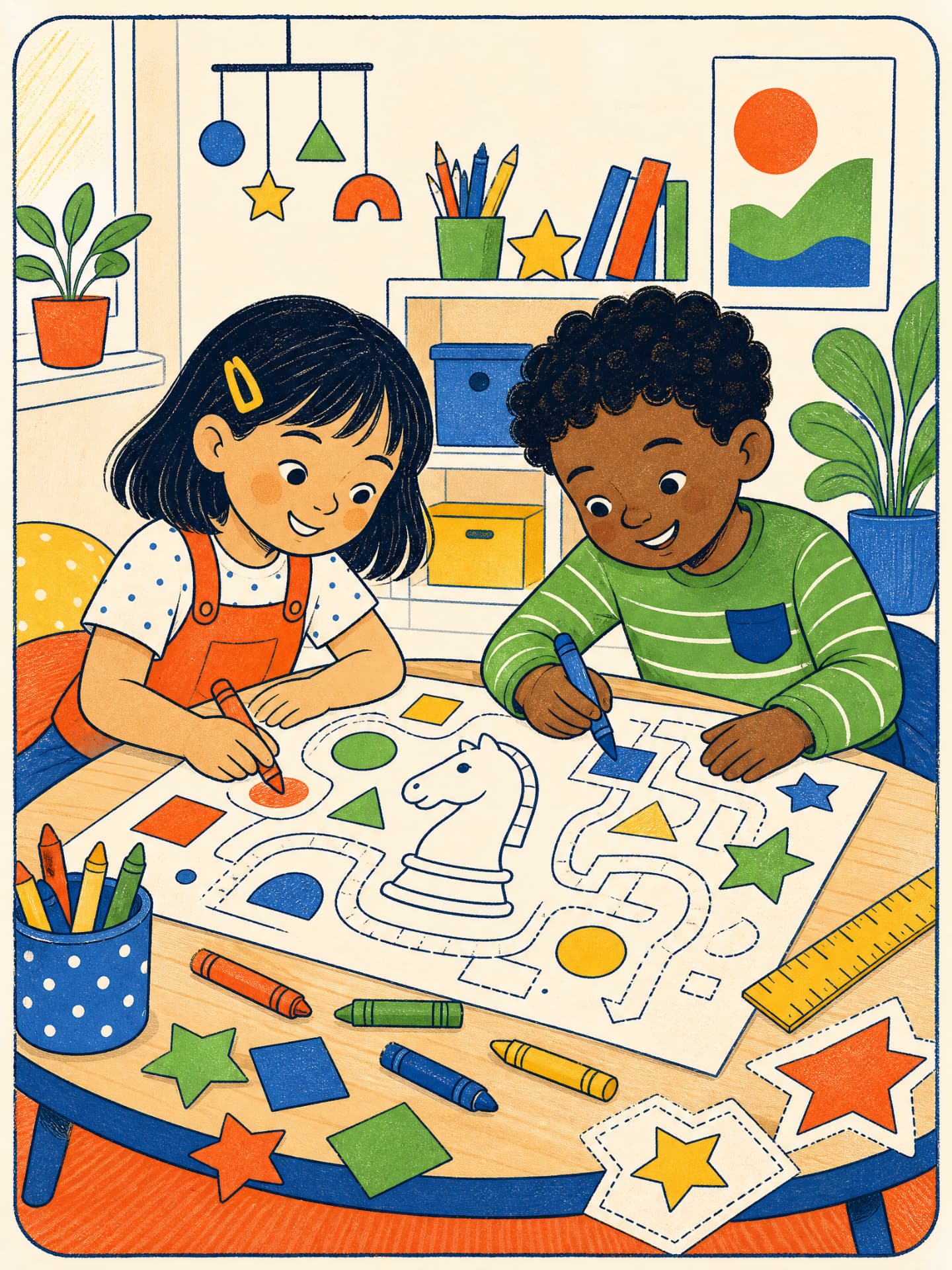 Two children coloring a shapes-and-chess activity page at a bright learning table