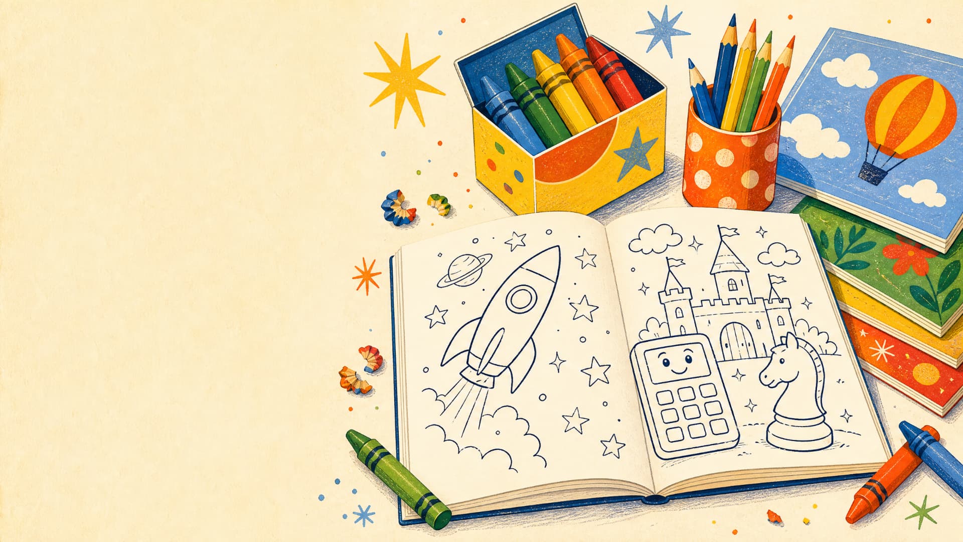 An open Roman Sparkz coloring book with a rocket and castle page, crayons, colored pencils and a stack of coloring books